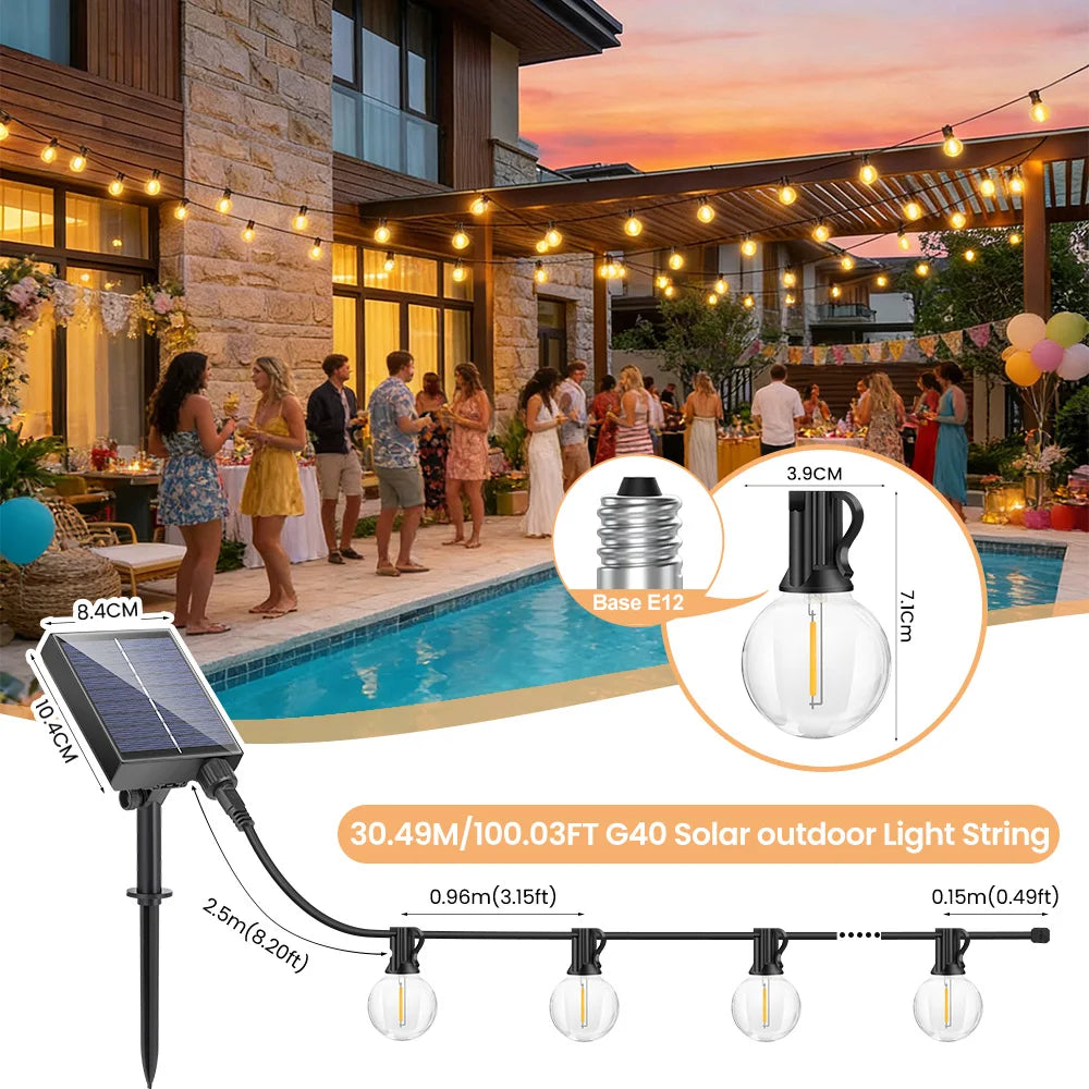 Solar Festoon Lights with Remote – Warm Globe Bulbs