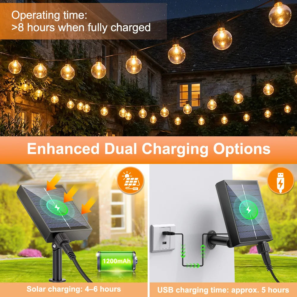 Solar Festoon Lights with Remote – Warm Globe Bulbs