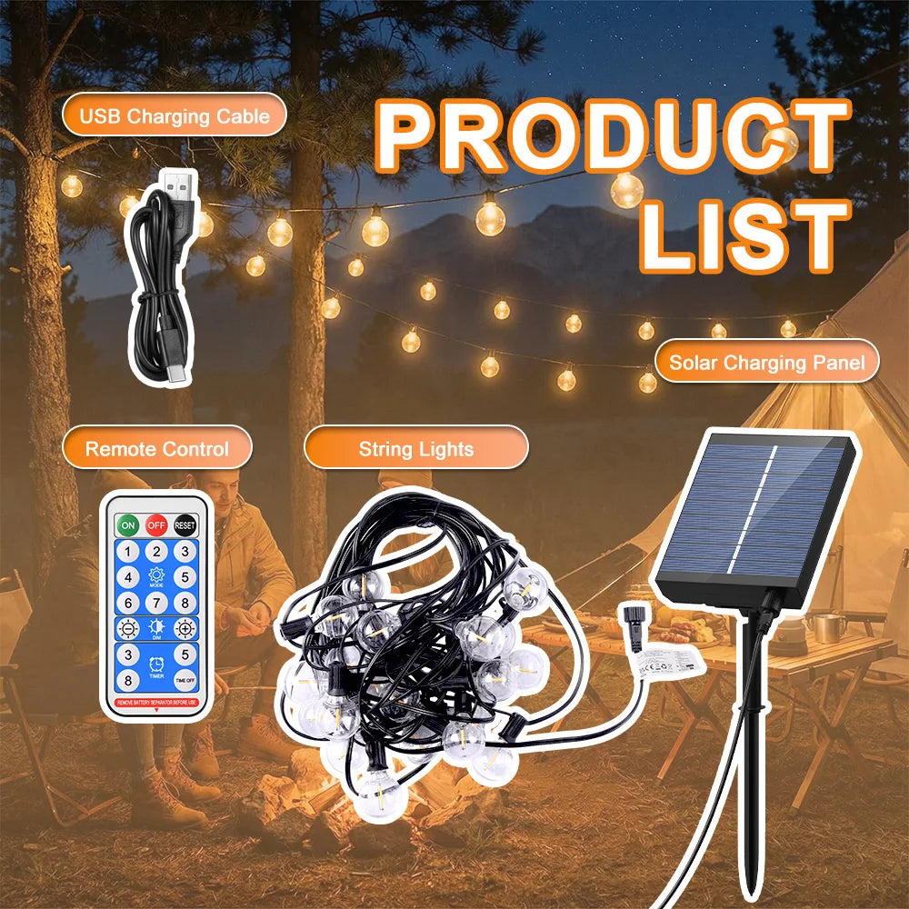 Solar Festoon Lights with Remote – Warm Globe Bulbs