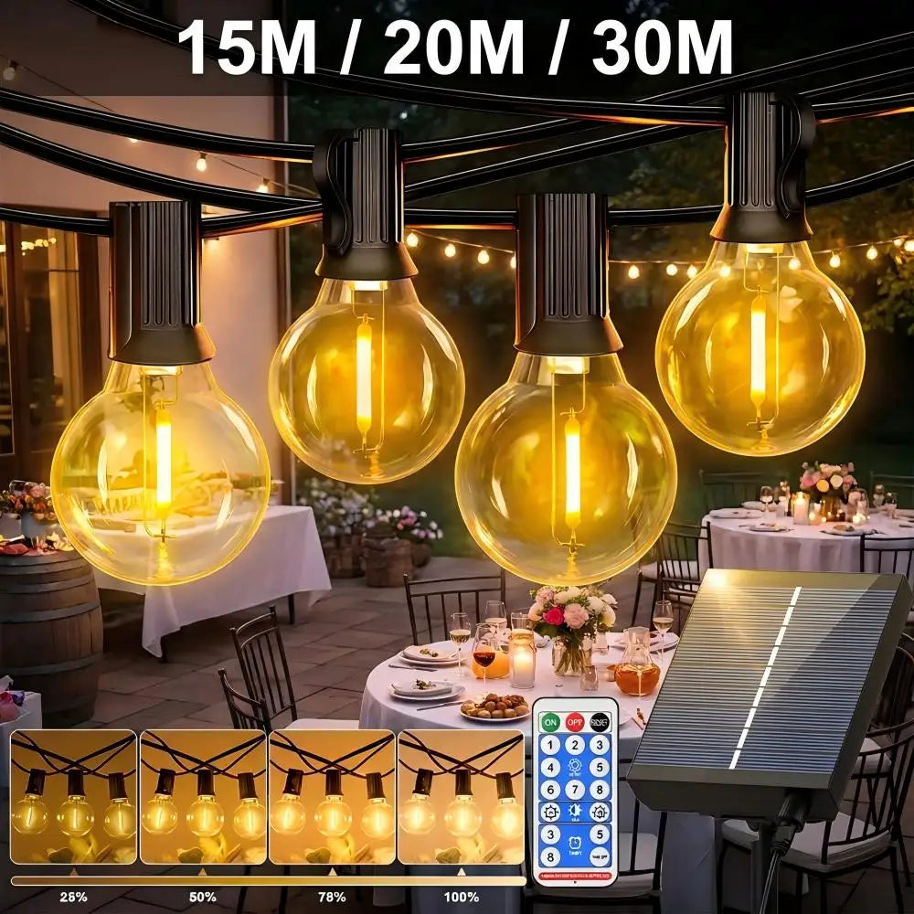 Solar Festoon Lights with Remote – Warm Globe Bulbs
