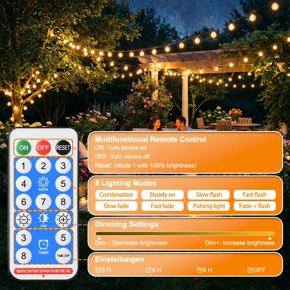 Solar Festoon Lights with Remote – Warm Globe Bulbs