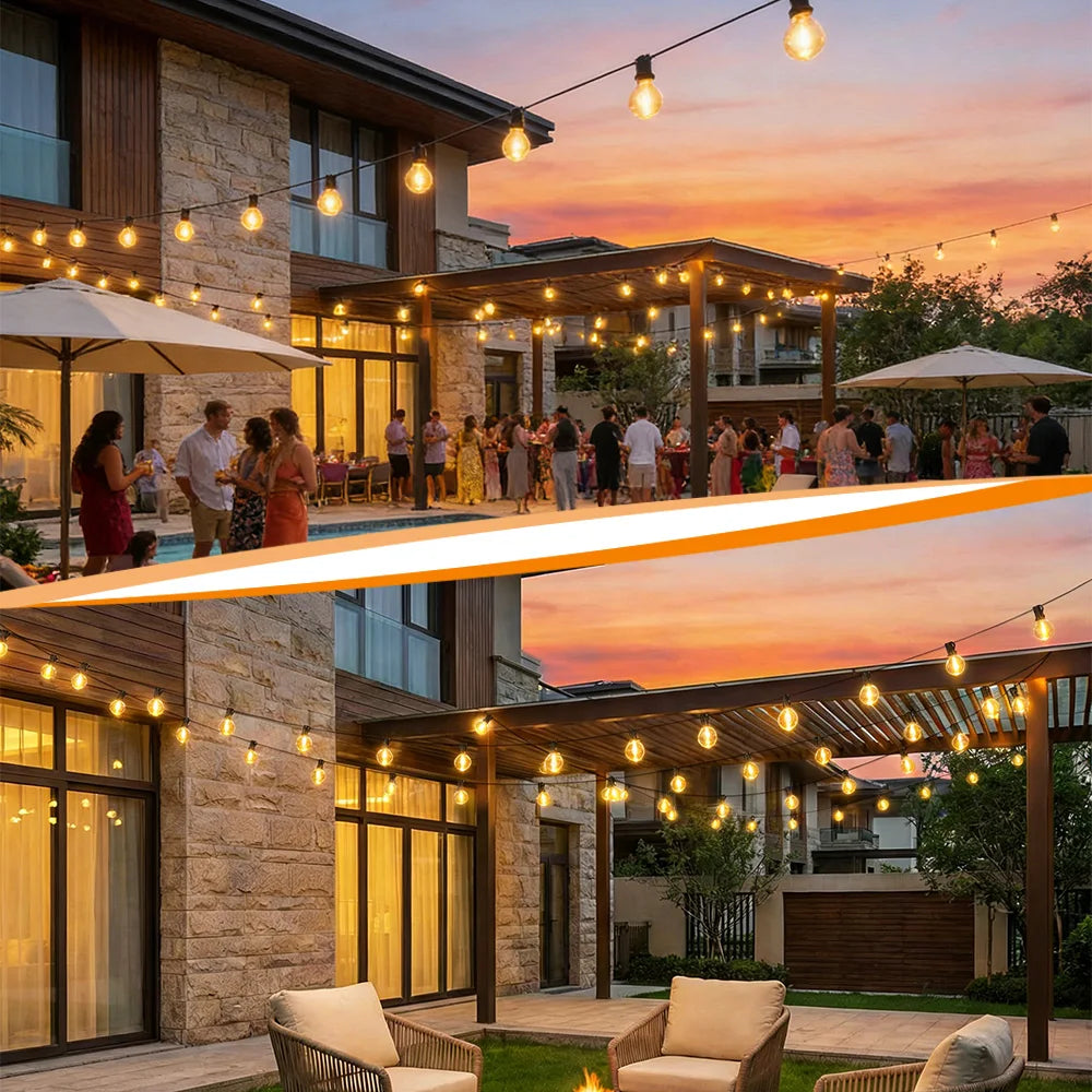Solar Festoon Lights with Remote – Warm Globe Bulbs
