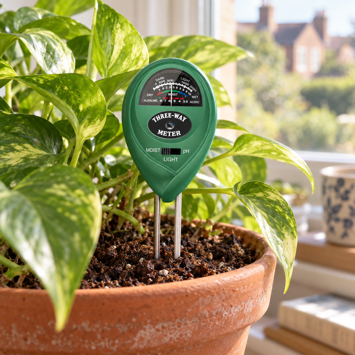 3-in-1 plant meter pushed into the compost of a pothos in a terracotta pot on a sunny windowsill