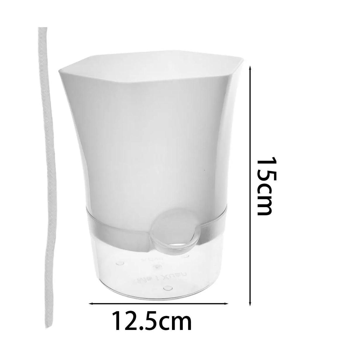 Small self-watering pot dimensions: 12.5cm wide, 15cm tall