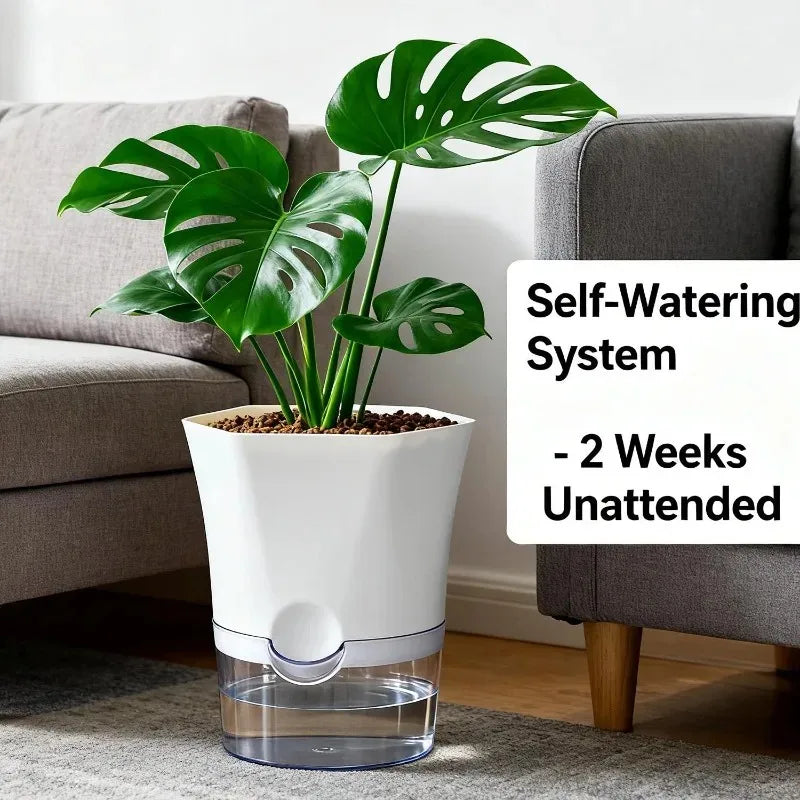 Self-watering pot with a monstera in a living room