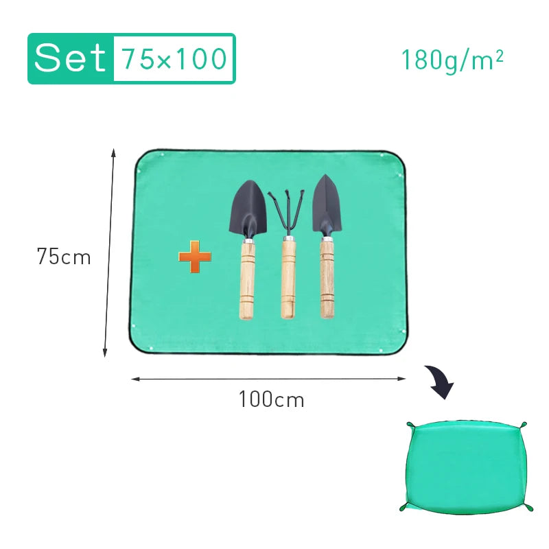 Green repotting mat 75 x 100 cm with mini trowel, transplanter and rake
