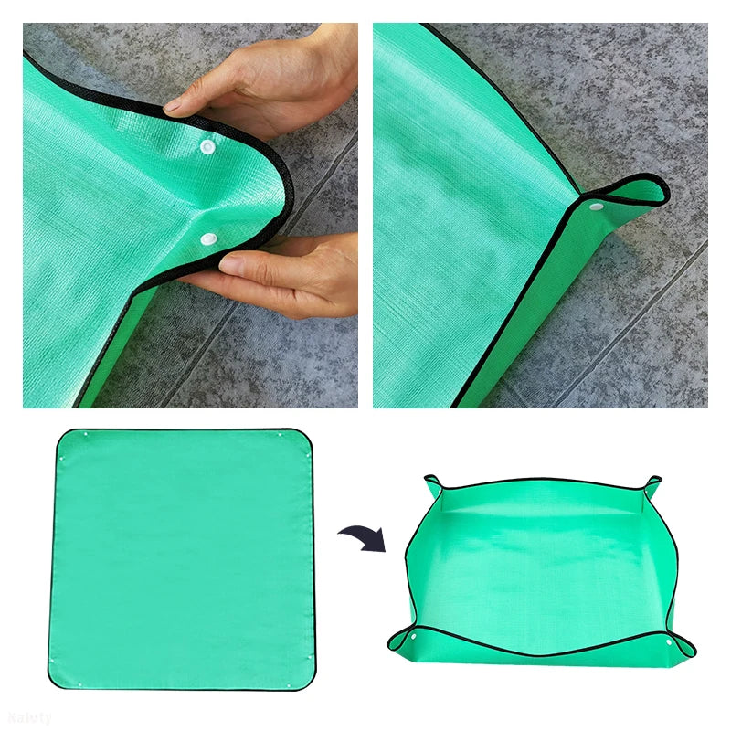 Green waterproof repotting mat with snap corners folding into a tray
