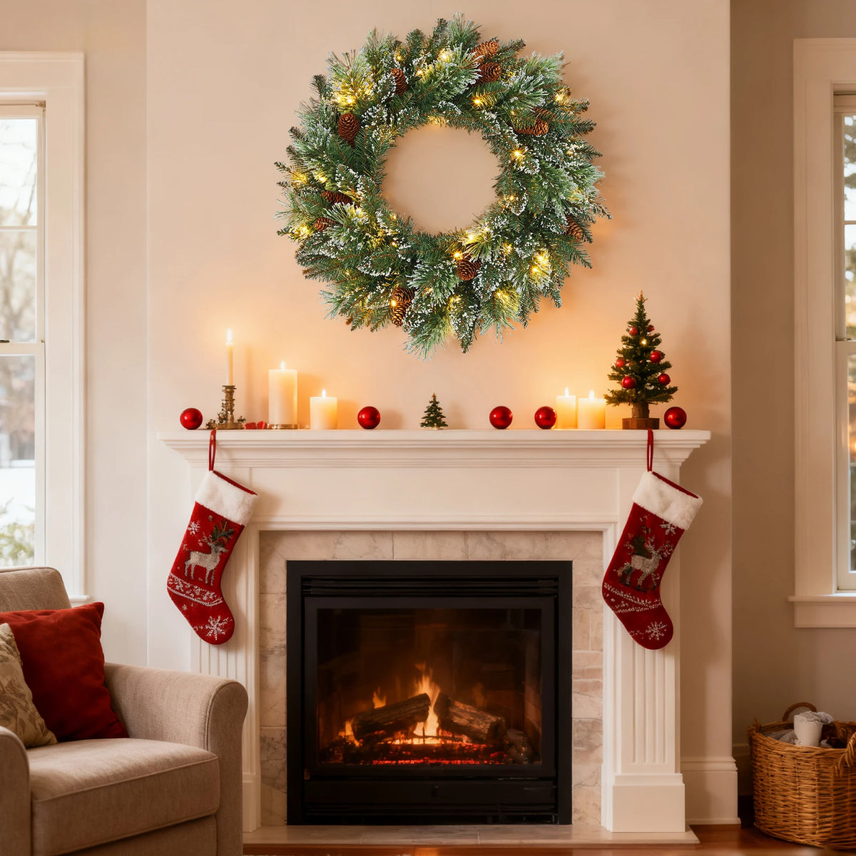 Pre-Lit Christmas Wreath – Warm White LED, 61cm