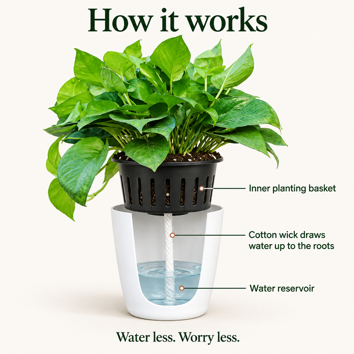 How the self-watering pot works: inner planting basket, cotton wick and water reservoir