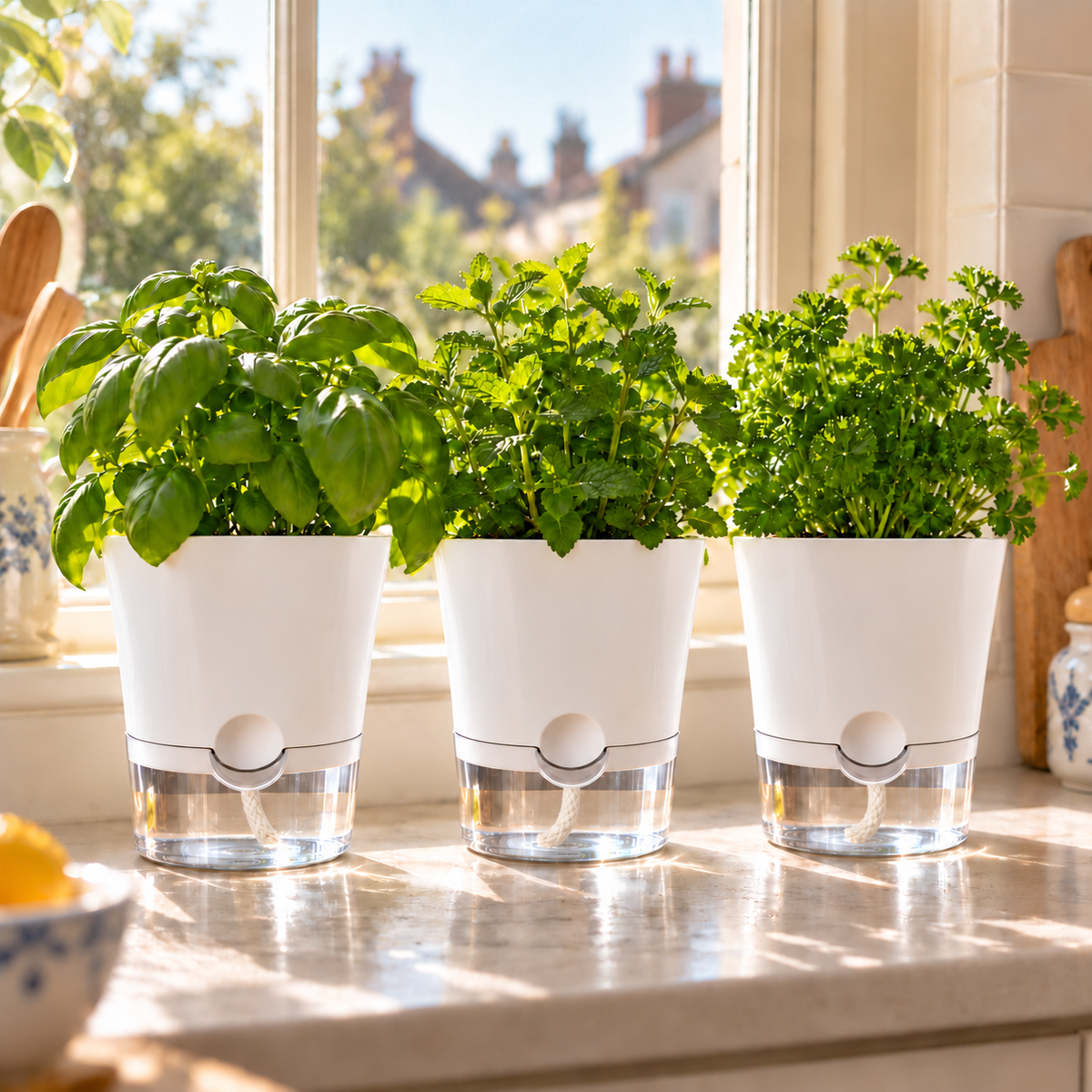 Three white self-watering herb pots with basil, mint and parsley on a sunny kitchen windowsill